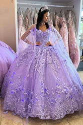 Lilac Ball Gown Spaghetti Straps Caped Tulle Quinceanera Dress with Appliques